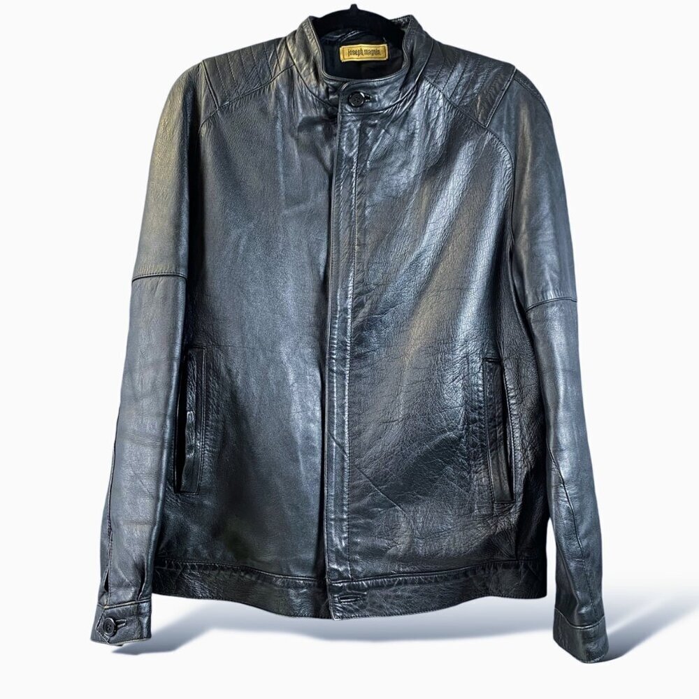 VTG Joseph Magnin Cafe Racer Leather Jacket Mens Sz 48 Black Moto Bomber Spain